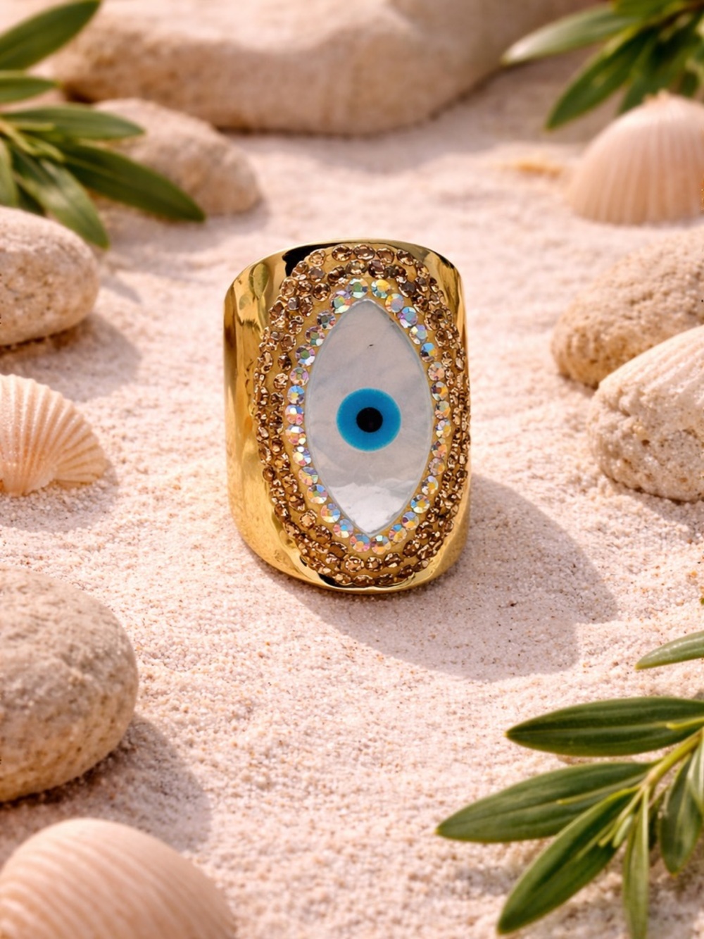 Gold-Tone Evil Eye Statement Ring with Blue Accent - Picture 3 of 3